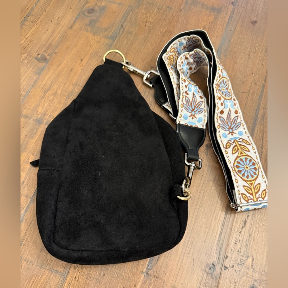 ah-dorned black suede sling back bag. NWOT. - Picture 2 of 5